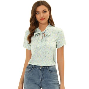 Allegra K Women's Bow Tie Neck Short Sleeve Floral Printed Chiffon Blouse - 1 of 4