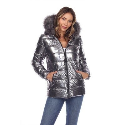 Silver Metallic Hooded Faux Fur-Trimmed Puffer Coat