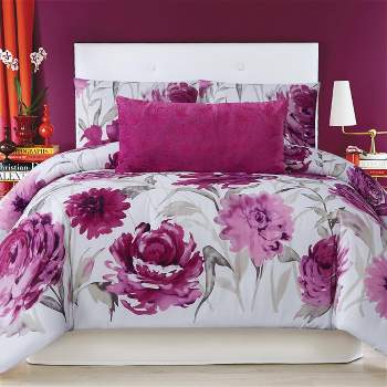 Christian Siriano King 3pc Remy Floral Duvet Cover Set Magenta/White
