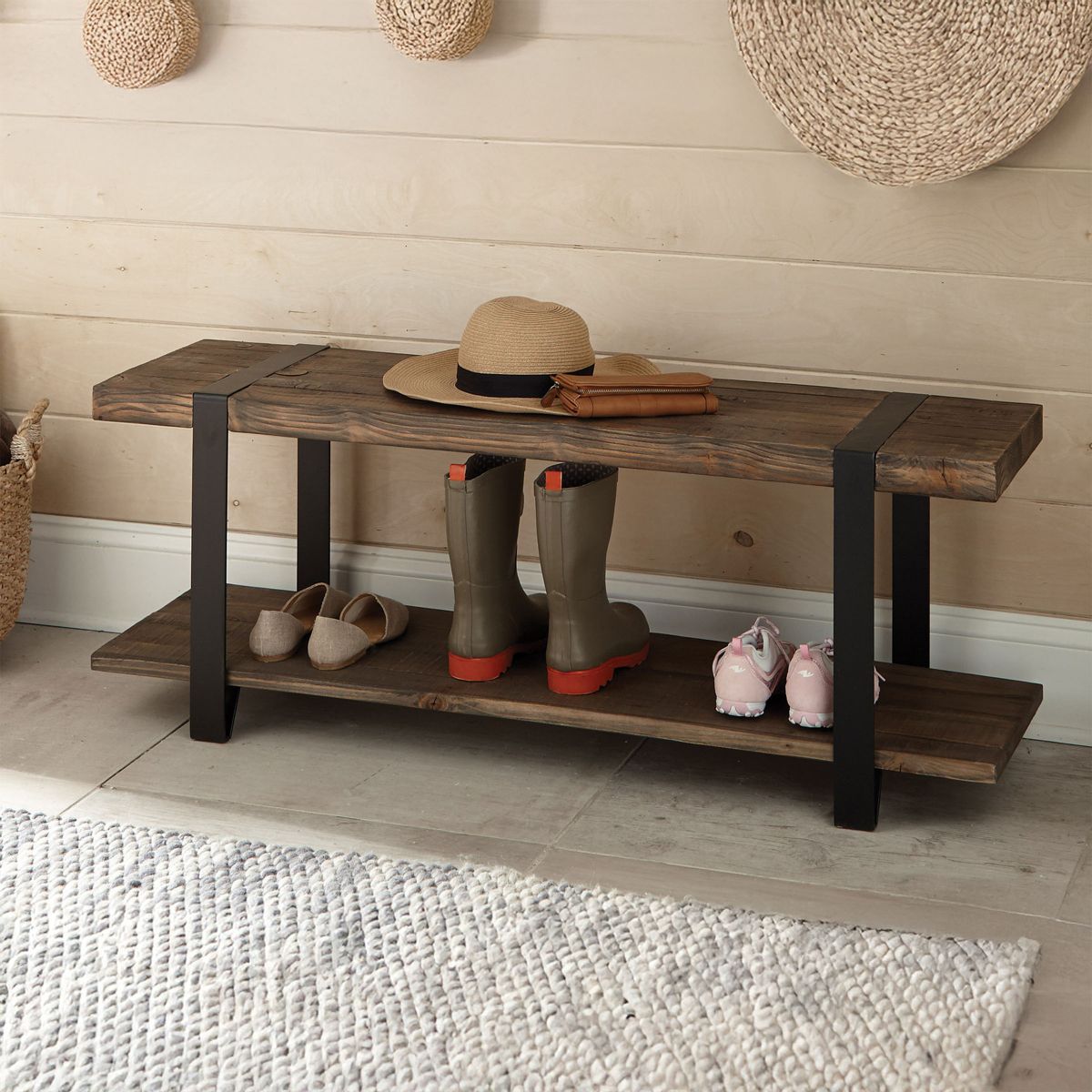 Alaterre Furniture Modesto 48 in. Solid Wood Entryway Bench with Storage Shelf, Rustic Natural Finish with Black Metal Legs and Strap Accent - thumbnail 3