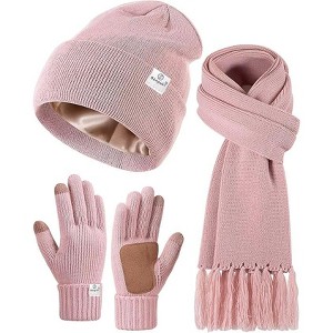SENPUKI Womens Satin Lined Beanie Scarf Gloves Set, Silk Lined Winter Hats Knit Scarf Touchscreen Gloves, 3 Fashionable Warm Gift Set - 1 of 1