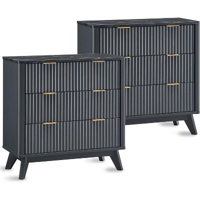 SinCiDo Modern 32"Tall Nightstand Set of 2, Fluted Curved Profile w/Faux Marble Top, 3 Drawer Storage Bedside Tables for Bedroom