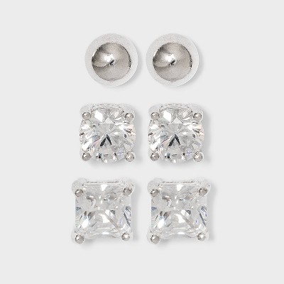 Cubic Zirconia and Sterling Silver Round and Square Stud Earring Set 3pc - A New Day™ Silver/Clear