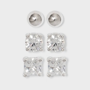 Cubic Zirconia and Sterling Silver Round and Square Stud Earring Set 3pc - A New Day™ Silver/Clear - 1 of 2
