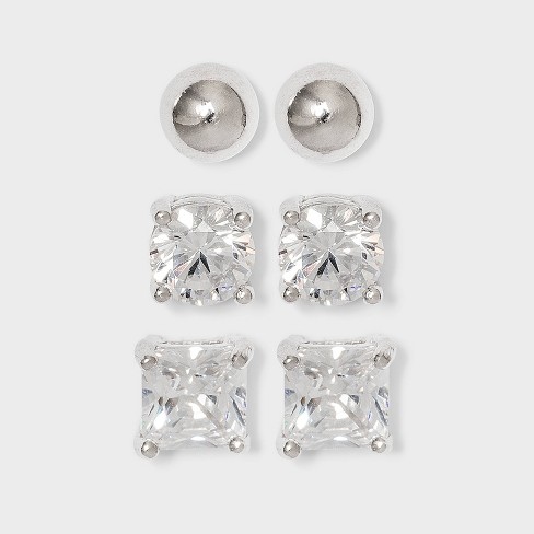 Women's Sterling Silver Stud Earrings Set with Round Cubic Zirconia 3pc - A  New Day™ Silver