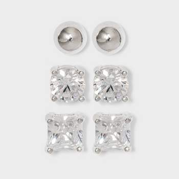 Cubic Zirconia and Sterling Silver Round and Square Stud Earring Set 3pc - A New Day™ Silver/Clear