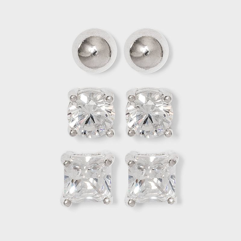 Cubic Zirconia and Sterling Silver Round and Square Stud Earring Set 3pc - A New Day&#8482; Silver/Clear, 1 of 3