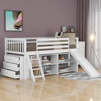 Twin Size House Shape Loft Bed With Two Drawers And Slide, White ...