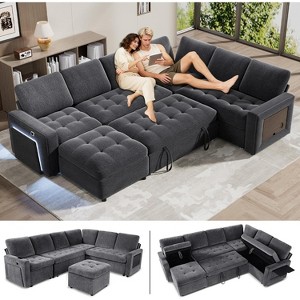 Vipbear 7-Seat Sectional Sleeper Sofa Bed with Pull Out Bed,Chenille L-Shaped Sleeper Couch with Ottoman/Adjustable Backrest/LED,Tool-Free Assembly - 1 of 4