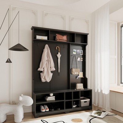 5-in-1 Entryway Bench with Coat Rack and 4 Sturdy Hooks, 57.48'' Wide Hall Tree with Shoe Storage Bench 4M - ModernLuxe