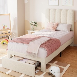 Twin Bed Frame with Under-Bed Drawer, Upholstered Platform Bed with Wave Headboard for Kids/Girls - 1 of 4