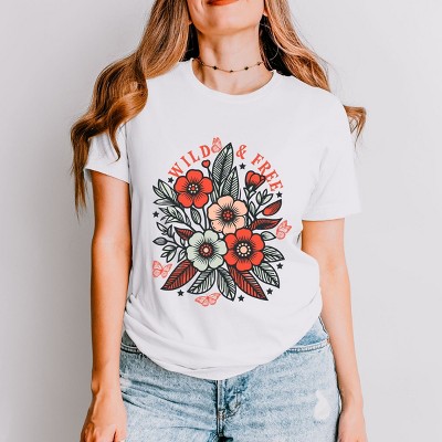 Simply Sage Market Wild and Free Colorful Flowers Short Sleeve Tee - S - White