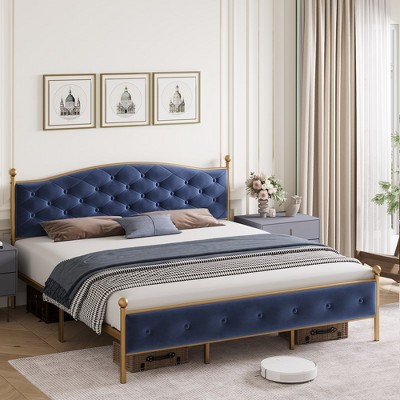 Whizmax Bed Frame, Strong Wood Slat Support Bed Frame with Velvet and Button Tufted Upholstered