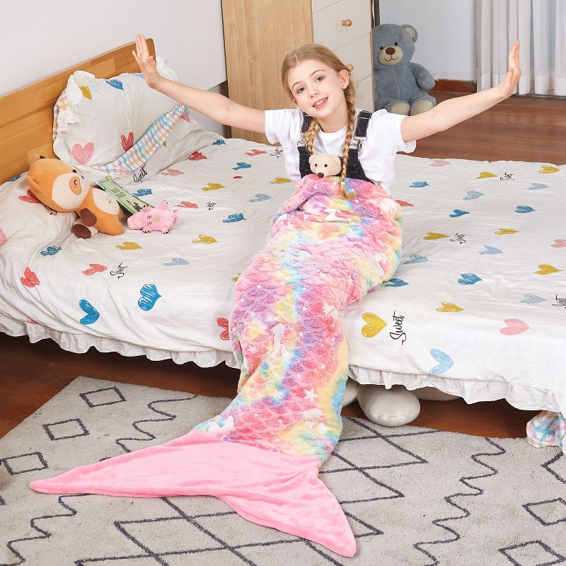 Catalonia Kids Mermaid Tail Blanket, Super Soft Plush Flannel Sleeping Blanket for Girls, Rainbow Ombre, Fish Scale Pattern, Gift Idea, 5 of 9