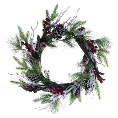 Transpac Pinecone 22 in. Brown Christmas Holiday Wreath with  Berry and Antler Accent