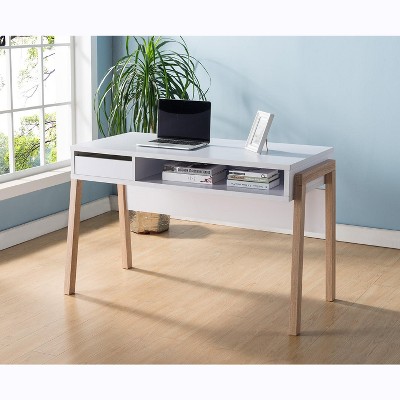 Vynxaria Office Desk, Computer Desk with Hidden Storage Shelve, Drawer and USB/Power Outlet in White and Weathered White
