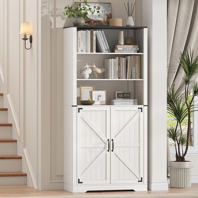 67" Tall Bookshelf and Bookcase with Barn Doors, Open Display Shelves, White