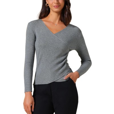 INSPIRE CHIC Women's V-Neck Knitted Ruched Button Decor Long Sleeve Slim Fit T-shirt