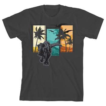 Dino T-Rex and Palm Trees Youth Charcoal Short Sleeve Crew Neck Tee