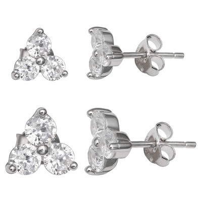 Women's Set of Two Triple Stud Earrings with Clear Cubic Zirconia in Sterling Silver - Silver/Clear (8mm)