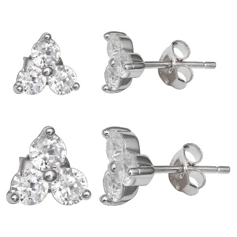 Women's Set of Two Triple Stud Earrings with Clear Cubic Zirconia in  Sterling Silver - Silver/Clear (8mm)
