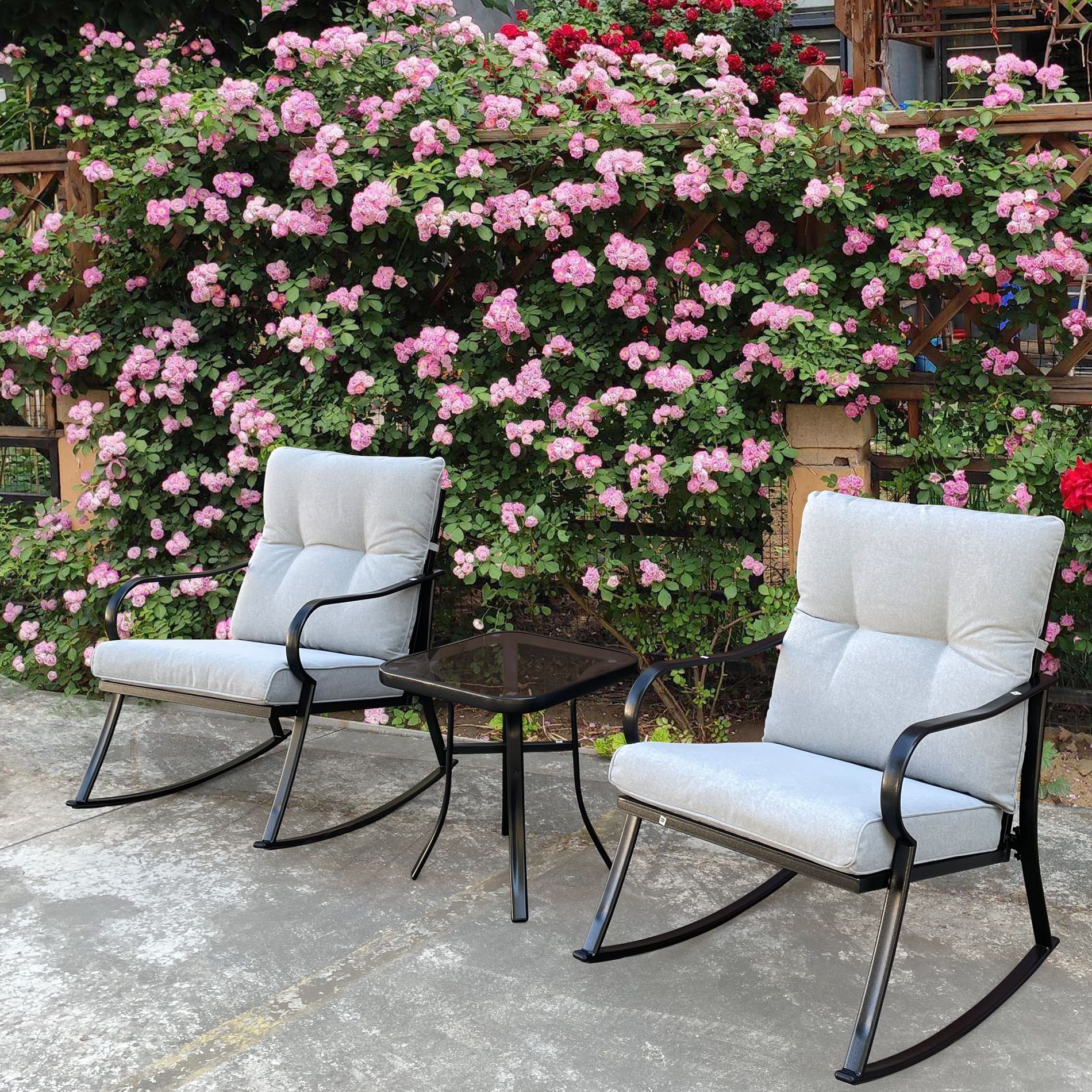 FIONECA 2-Piece Rocker Chair Set with Teapoy Table, Outdoor Patio Rocking Chairs with Cushions, Off-White
