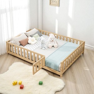 Mshliw Full Size Montessori Floor Bed with Fence and Door, Wooden Platform Bed Frame with Slats for Kids and Toddlers Bedroom - 1 of 4
