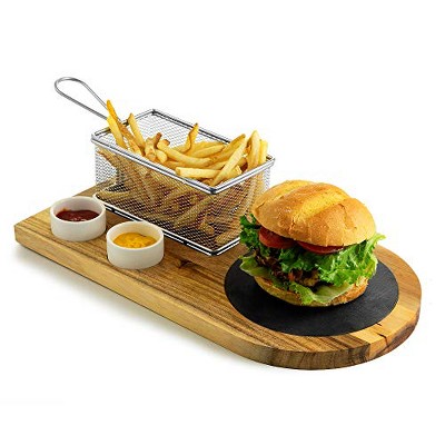 Yukon Glory Burger Board Set, Includes Premium Acacia Wood Board With Slate, Stainless Steel Fry Basket, Porcelain Condiment Cups