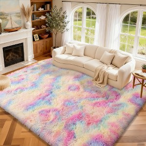 Rainbow Tie-Dye Fluffy Area Rug with Non-Slip Base & 4 Reusable Stickers, Plush Indoor Mat - 1 of 4