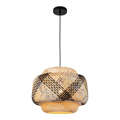 C Cattleya 1-Light Three-tiered Black and White Hand-Woven Natural Bamboo Pendant Light