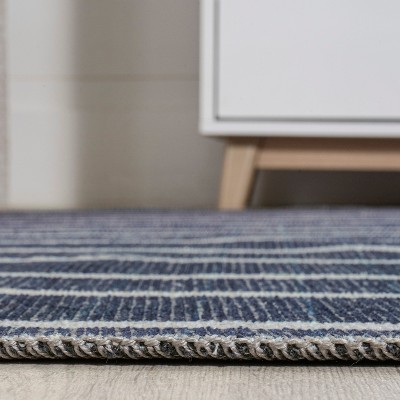 Gray and Navy Striped Machine-Washable Runner Rug