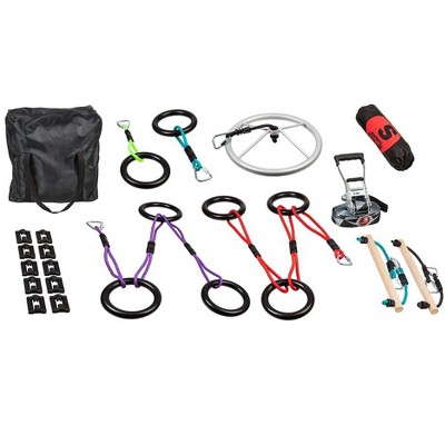 HearthSong Ninjaline Ninja Vines and Rings Obstacle Course Kit with 30'L Slackline, Two Vines, Two Gymnastics Rings, Two Monkey Bars, Spinning Wheel, 10 Grip Clips, and Carrying Bag