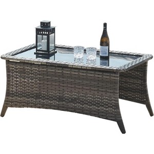 SUGOLD Outdoor Coffee Table Patio Rattan Patio Side Table Built-in Black Glass Top PE Wicker Rectangle Sofa Table Grey, Includes Comfortable Cushions - 1 of 1