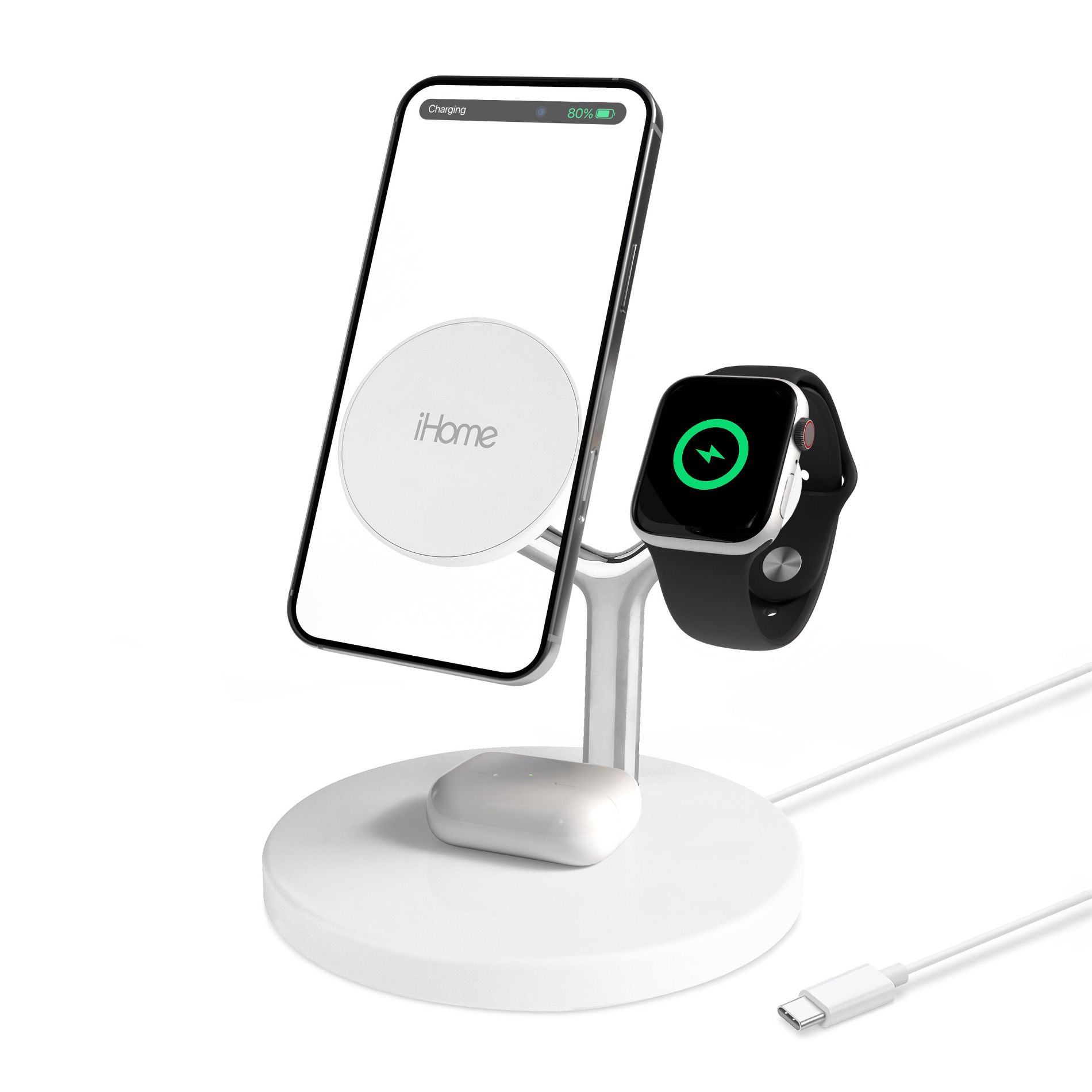 iHome 4-in-1 Magnetic Charging Stand, 15W Wireless Charger for iPhone, Apple Watch & AirPods