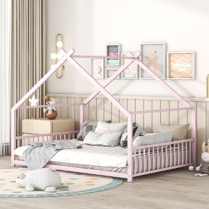 TIRAMISUBEST Twin/Full Size Metal House Bed with Roof Design, Kids Playhouse Bed Daybed Floor Bed for Boys Girls - 1 of 4