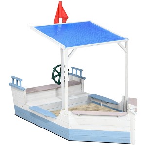 Outsunny Kids Sandbox with Canopy, Wooden Sandbox Backyard Toy, Pirate Ship Sandbox for Up to 4 Kids, Outdoor Activity Boat Toy, 82.75" x 43.25", Blue - 1 of 4