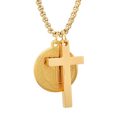 24" Gold Plated Stainless Steel Cross and Religious Pendant