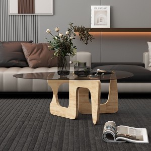 Famapy Artistic Glass-Top Coffee Table with Solid Wood Base - 1 of 4