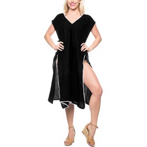 LA LEELA Women's Vacation Beachwear Long Bathing Suit Summer Short Front Tie Swimsuit Cover Ups - 1 of 4
