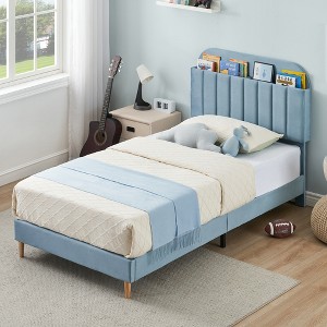 Kids Bed Frame with Bookcase Headboard, Upholstered Platform Bed with Wooden Slats Support for Boys, Girls, Teens, No Box Spring Needed - 1 of 4