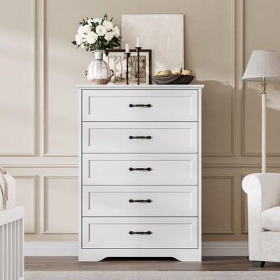 5 Drawers Dresser for Bedroom,Chest of Drawers with Wide Metal Handle,Farmhouse Modern Wooden Tall Dresser