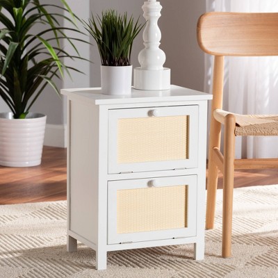 Sariah Mid-Century Rattan Accented 2-Drawer Nightstand - White
