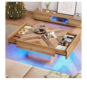 Farmhouse LED Coffee Tables Square Center Table With 2 Drawers Storage For Living Room Home Decor Brown - 1 of 4