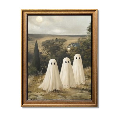 BRINJOY Vintage Halloween Wall Art - Gold Frame Ghost Canvas Print with Rustic Scenery, 9.5x12 Inch Spooky Decor for Bedroom & Living Room