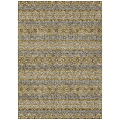 Gold Gray And Silver Floral Medallion Washable Indoor Outdoor Area Rug