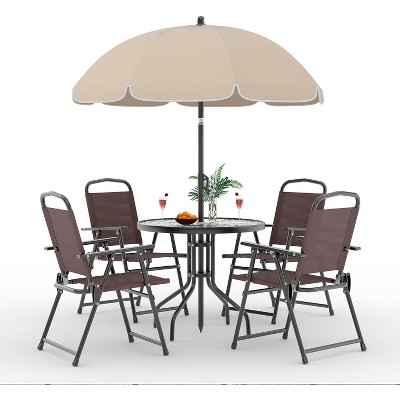 6 Pieces Patio Dining Set with Umbrella,Outdoor Furniture Set with 4 Folding Chairs & Tempered Glass Top Dining Table