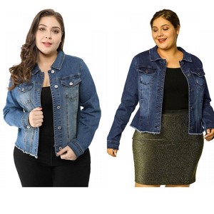 Women's Plus Size 2 Pieces Classic Denim Front Frayed Casual Long Sleeve Fashion Jean Jackets - Agnes Orinda - 1 of 4