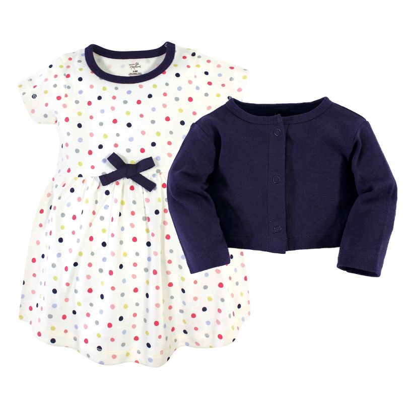 Touched by Nature Baby and Toddler Girl Organic Cotton Dress and Cardigan 2pc Set, Colorful Dot, 3 of 6