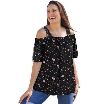 Woman Within Women's Plus Size Printed Cold-Shoulder Blouse