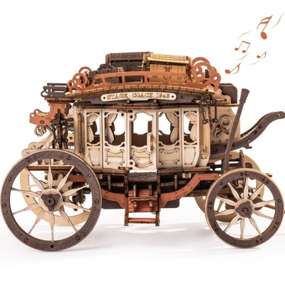 ROBOTIME 3D Wooden Puzzle Stagecoach Model  Model Kits DIY Cars Toy Gifts, Brown, 8.5"*4.4"*5.7"
